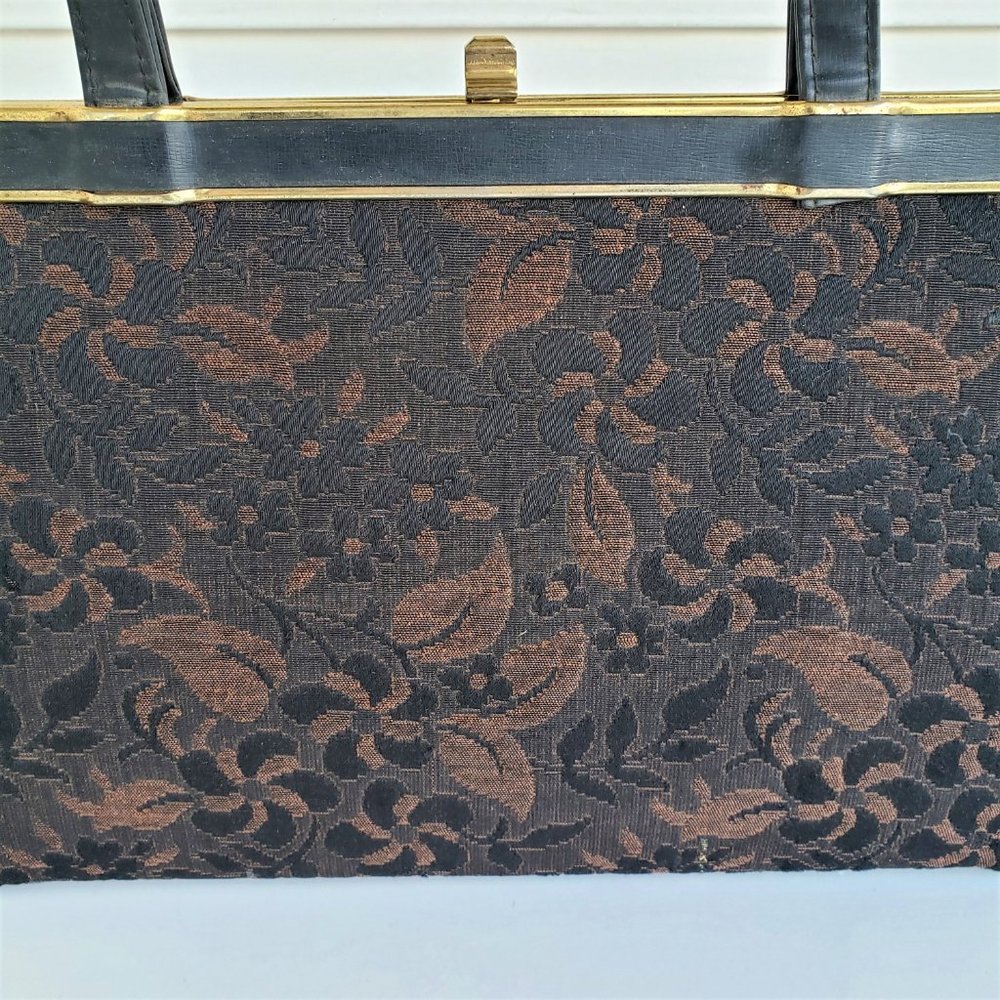 Vintage 50s/60s Brown Floral Tapestry Leather Top Handle Handbag - Picture 2 of 11